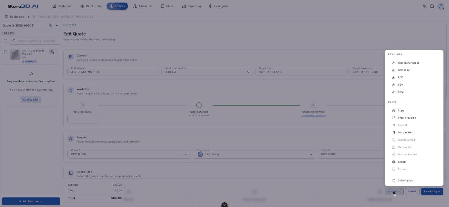 Quote Actions menu with download and lifecycle options