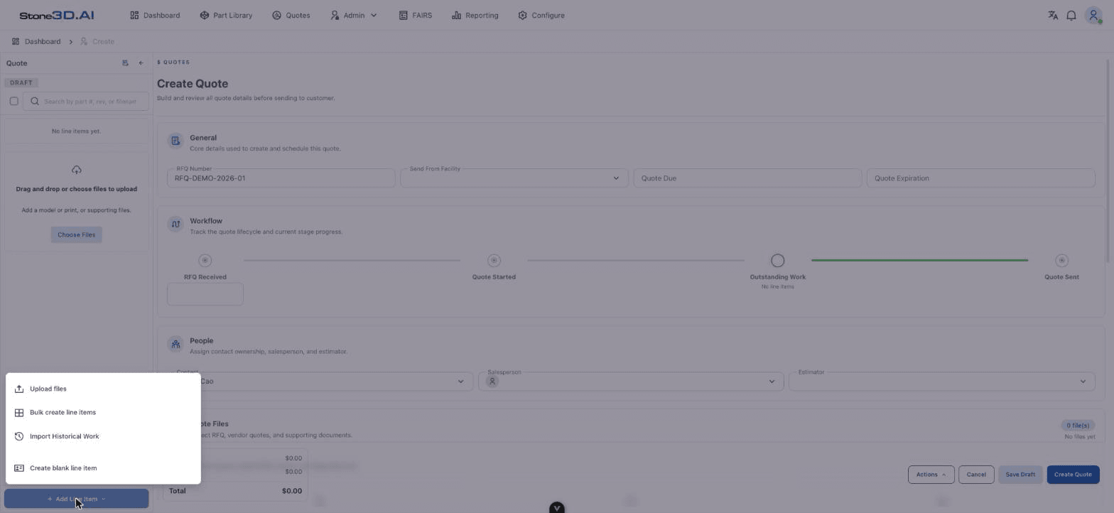 Add Line Item menu with 4 options