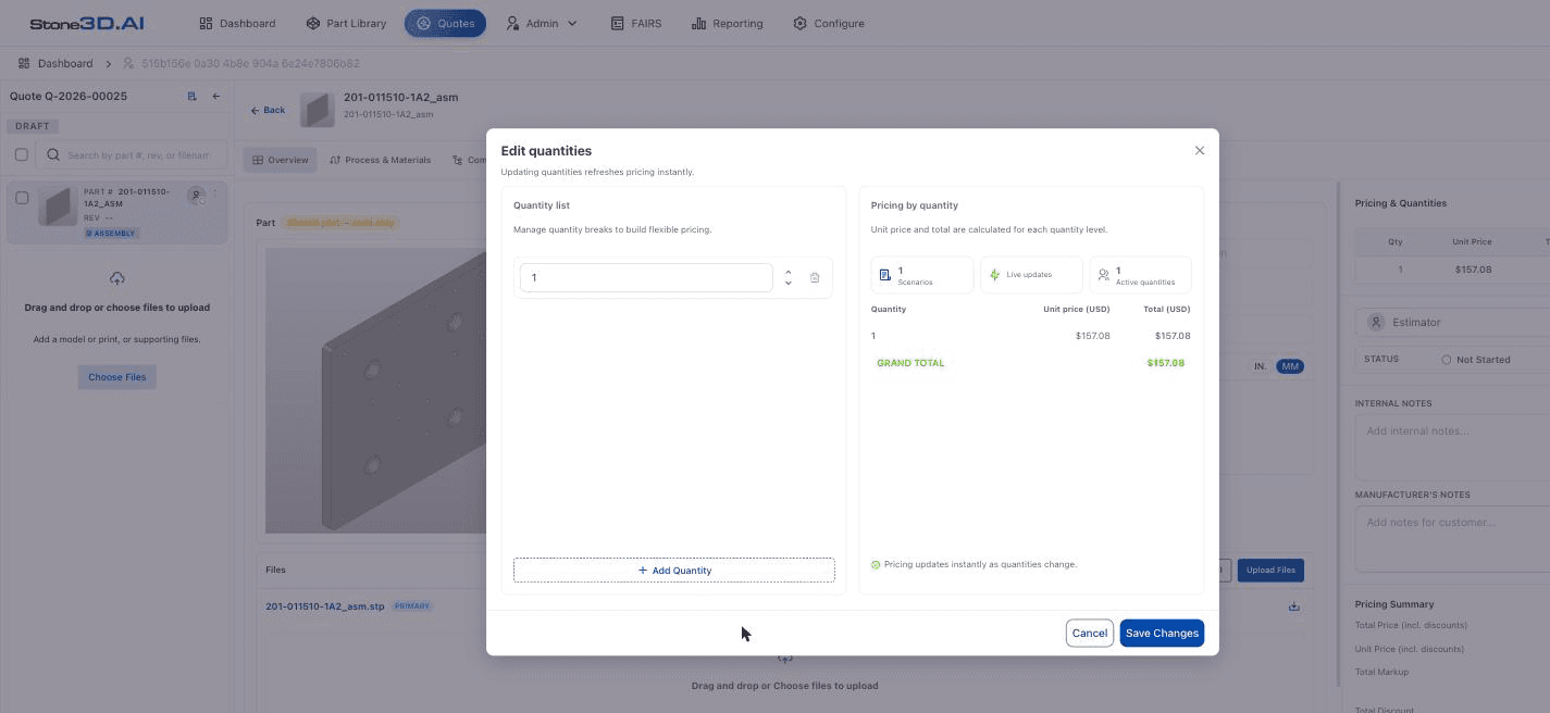 Edit quantities dialog with the quantity list and pricing table by tier