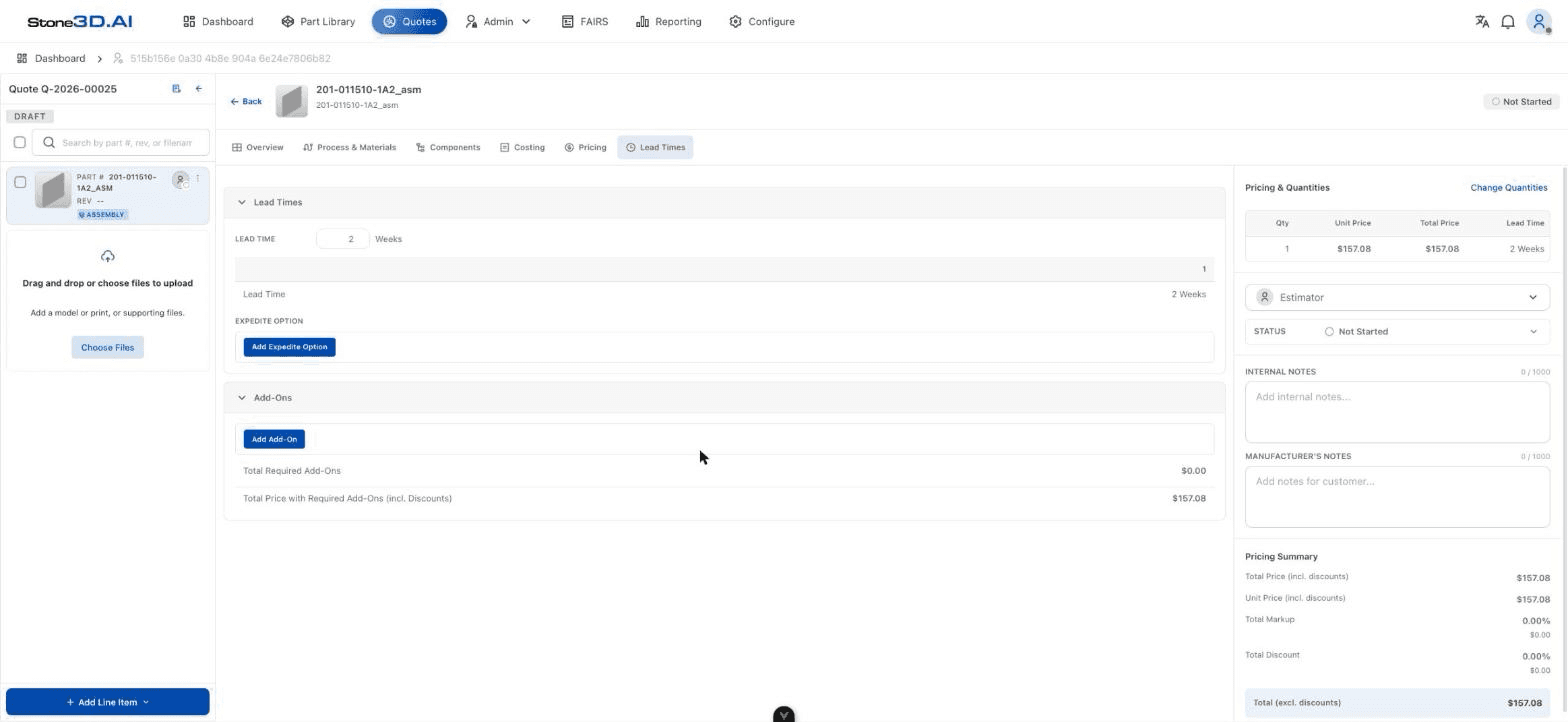 Lead Times tab with Lead Time, Expedite Option, and Add-Ons