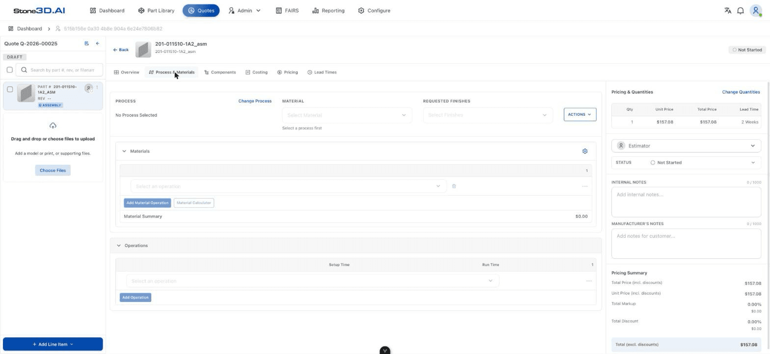 Process & Materials tab of a Line Item
