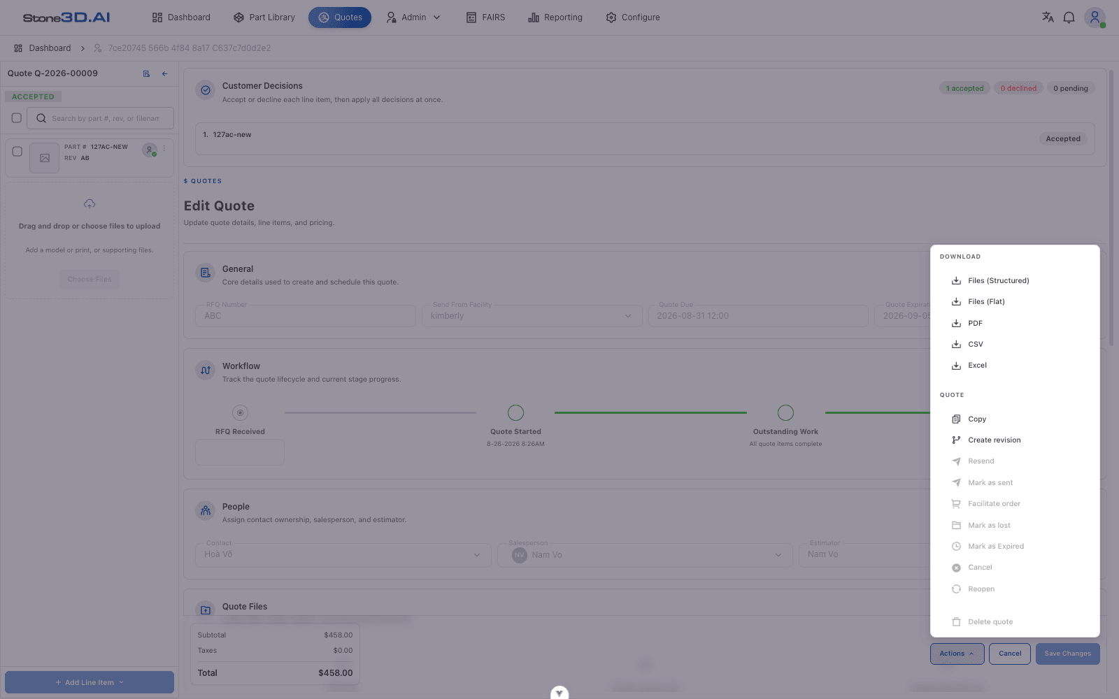 Quote Actions menu