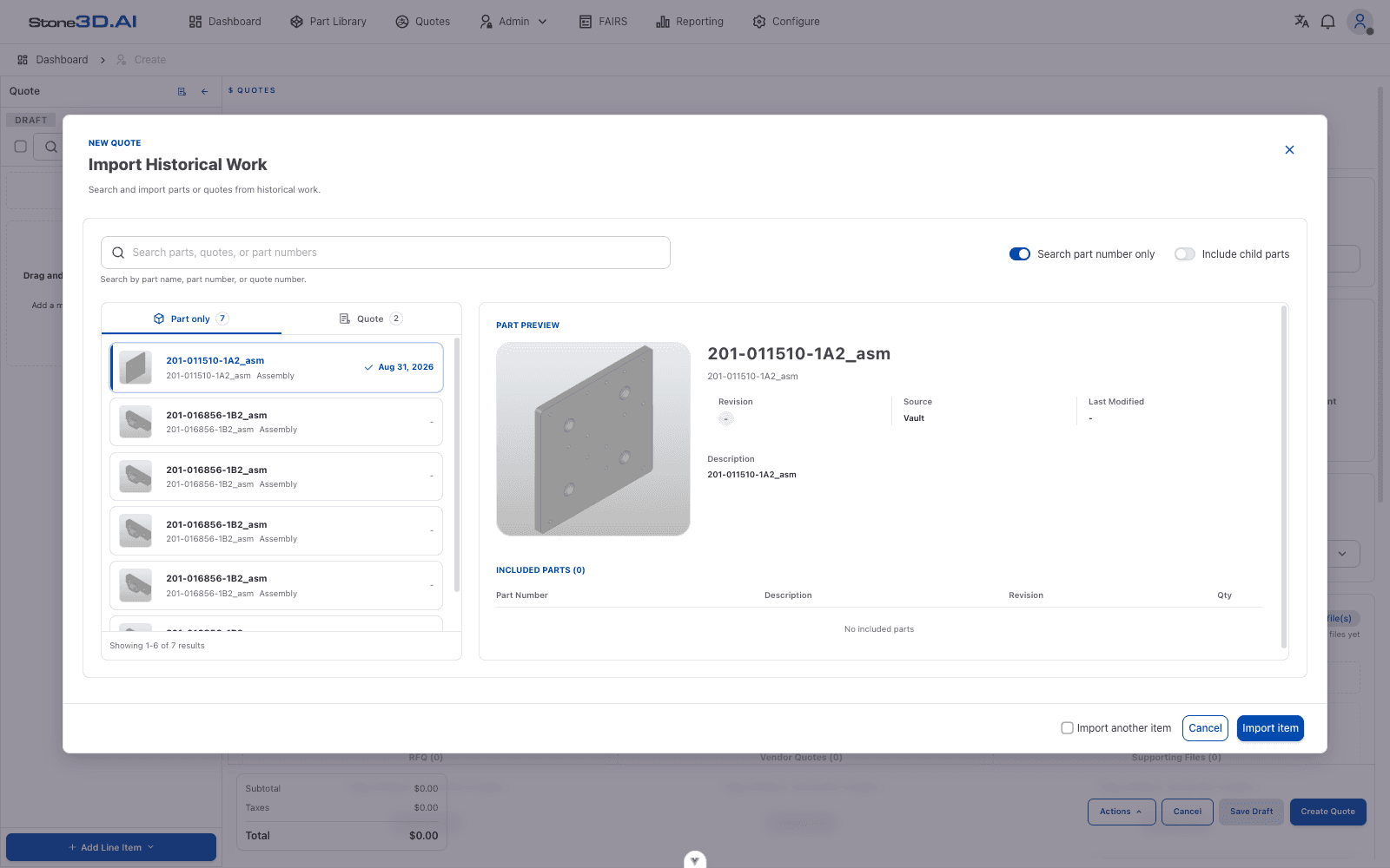 Previewing a part before import