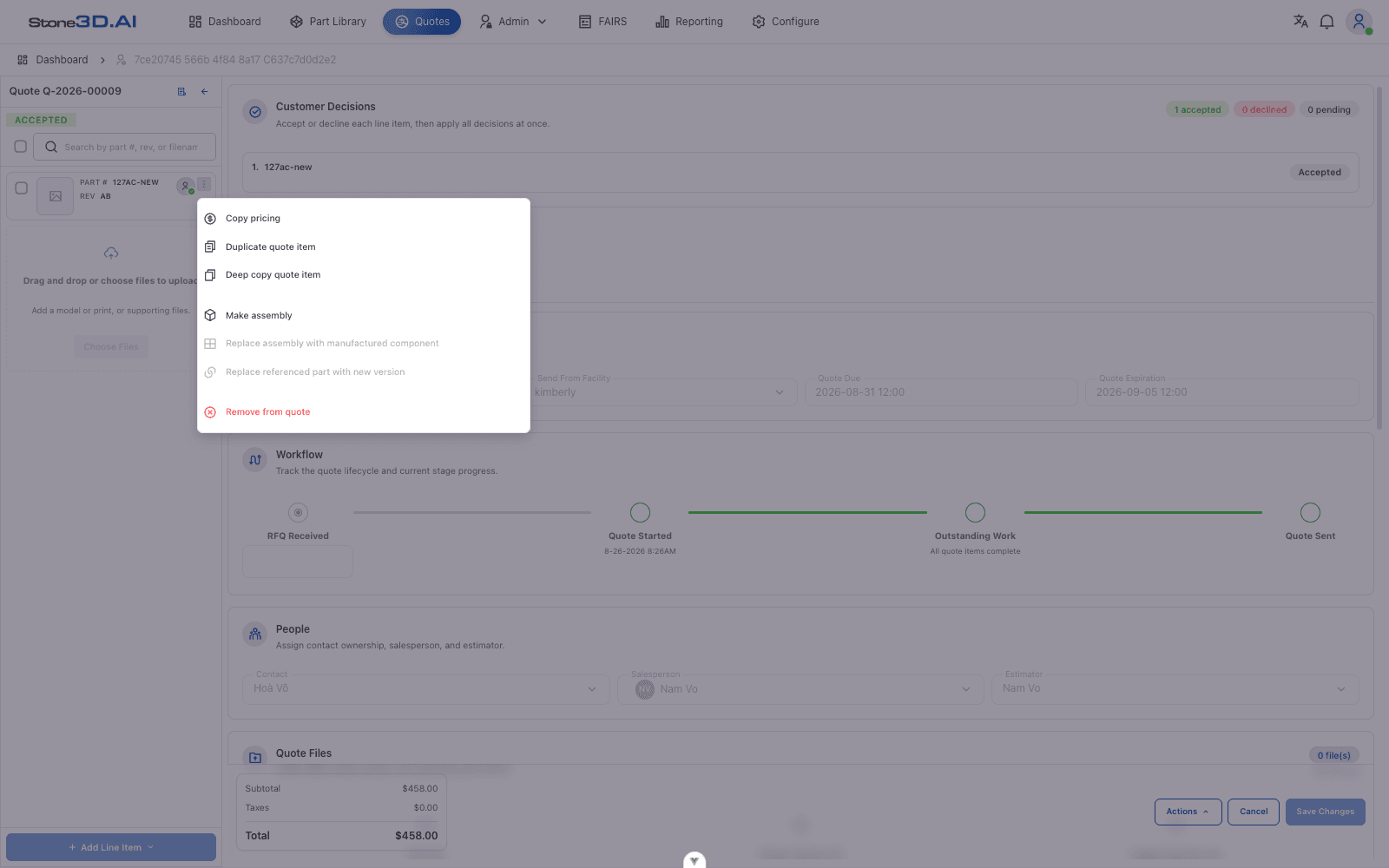 Line item actions menu
