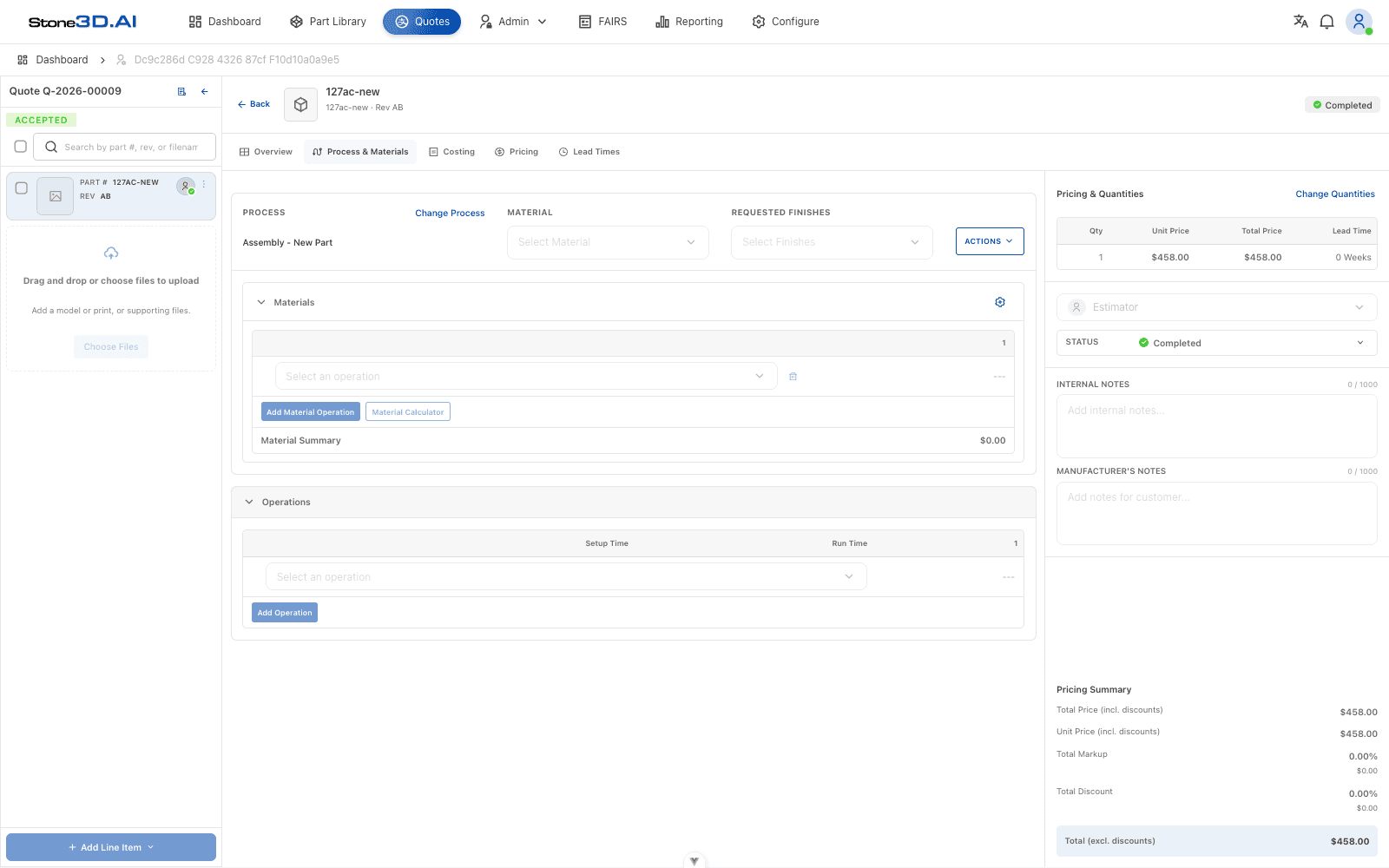 Process & Materials tab