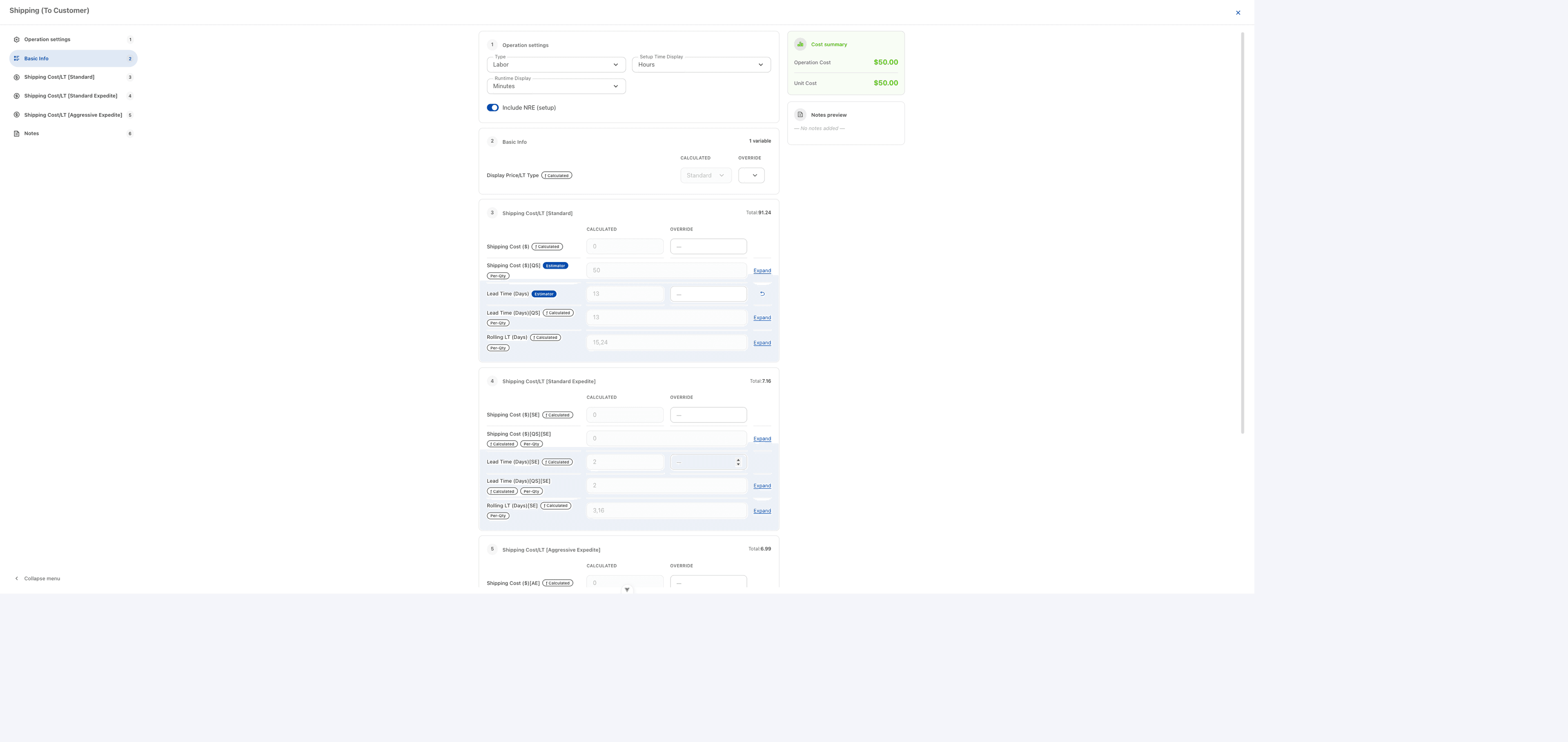 Detail panel of a non-hourly operation (Shipping (To Customer))