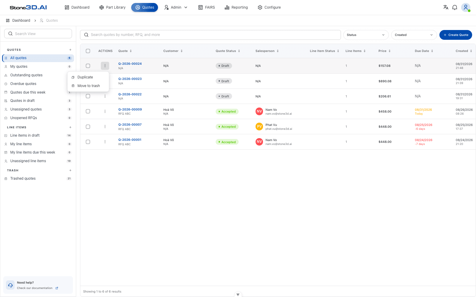 Actions menu on the quotes list