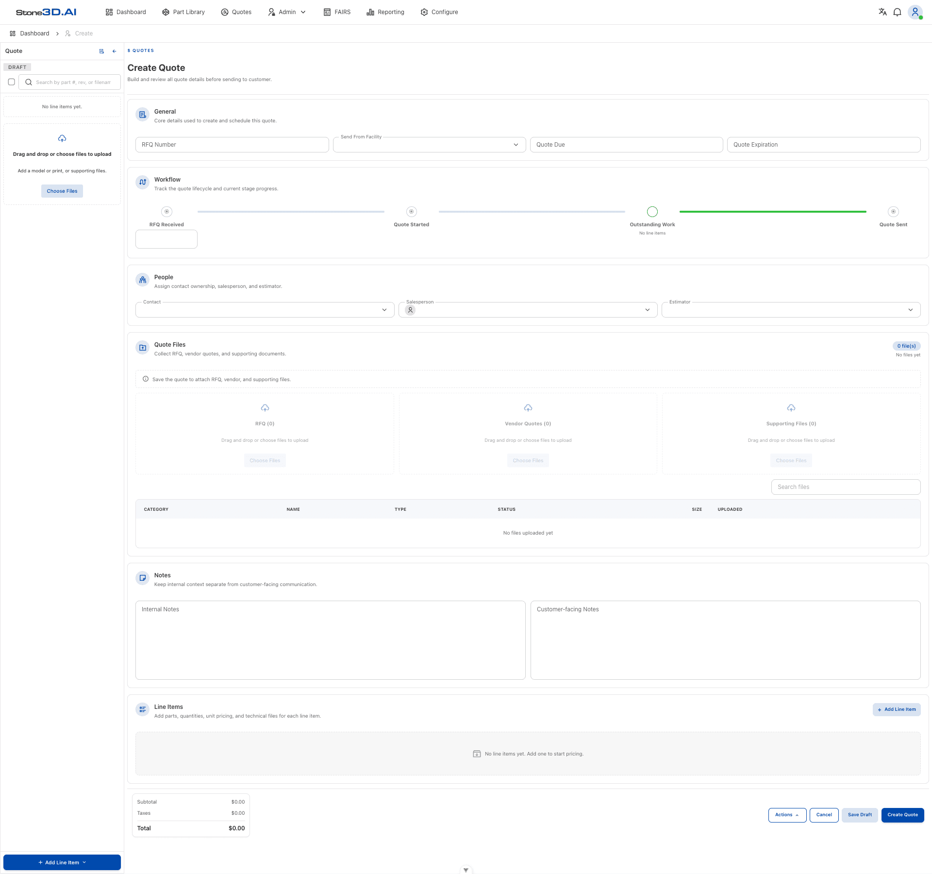 Create Quote screen overview